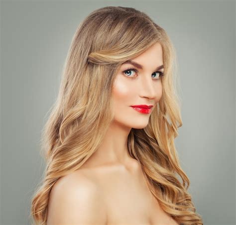 Premium Photo Beautiful Blonde Hair Woman With Long Wavy Hair And Red Lips Makeup Glamorous Beauty