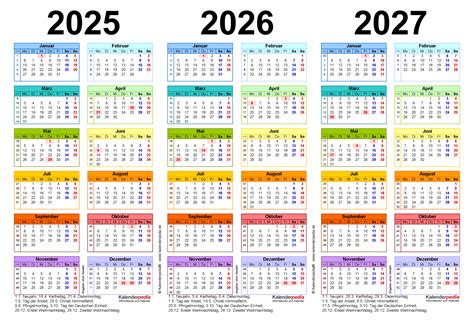 Printable 3 Year Calendar 2025 to 2026