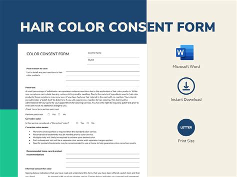 Hair Color Consent And Waiver Form One Page Letter Size Word Document