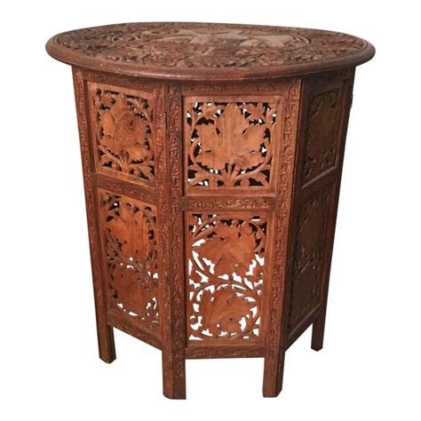Indian Hand Carved Wood Folding Octagonal Side Table Chairish