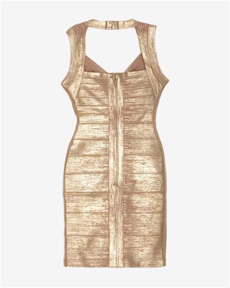 Hervé Léger Gold Foil Thick Strap Bandage Dress In Metallic Lyst