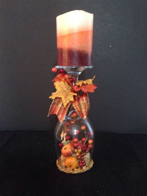 Fall Autumn Wineglass Candle Holders Matching Pair Pumpkins Wine