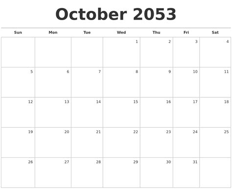 October 2053 Blank Monthly Calendar