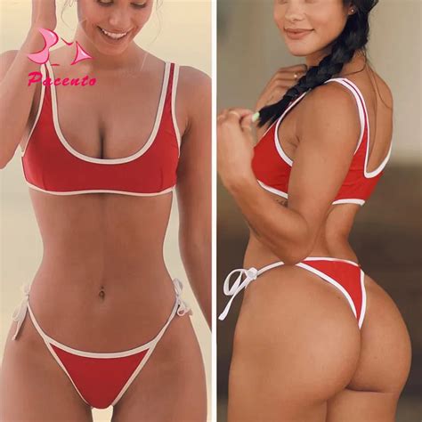 Pacento New Solid Red Bikini Thong Bottom Sport Crop Top Bathing Suits