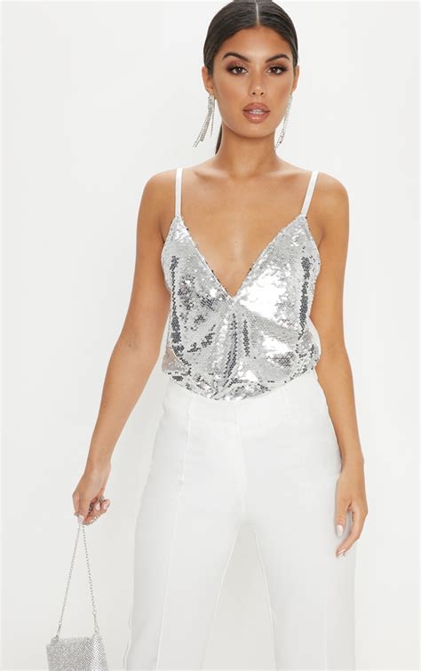 Silver Sequin Front Cami Top Tops Prettylittlething
