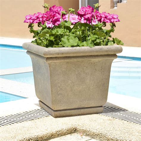 24 In Square Aged Granite Cast Stone Planter With Attached Saucer