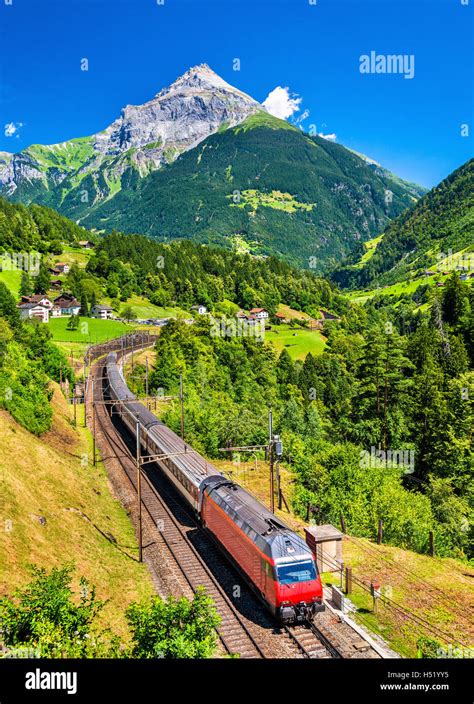 Intercity Train Climbs Up The Gotthard Railway The Traffic Will Be