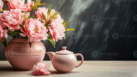 Vase With Delicate Peonies And Teapot On The Table Copy Space Flower Web Banner Ai Generated