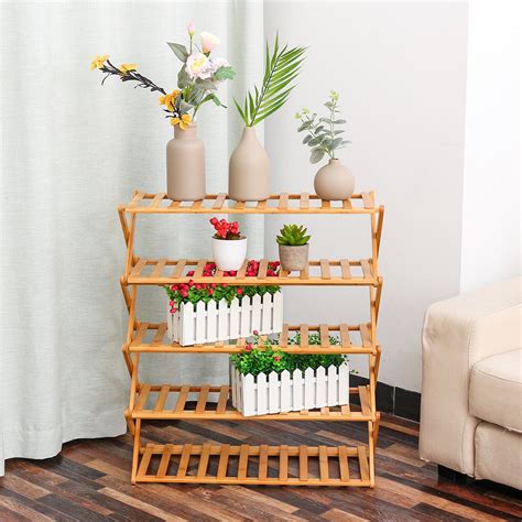 Easy Installation Bamboo Flower Stand Rack Shelf Adjustable Foldable