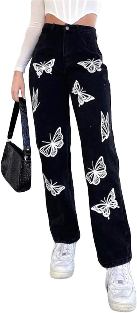 Women Patchwork Butterfly Print Baggy Jeans High Waist Wide Leg Denim Pants Bell Bottom Y2k