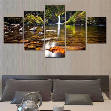 Framed 5 Pcs Landscape Painting The Wall Waterfall Nature Scenery