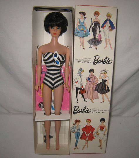 S Mattel Brunette Bubblecut Barbie Doll In Striped Swimsuit Box Mu Mattel Dolls With