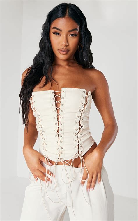 Cream Faux Leather Multi Lace Up Corset Prettylittlething