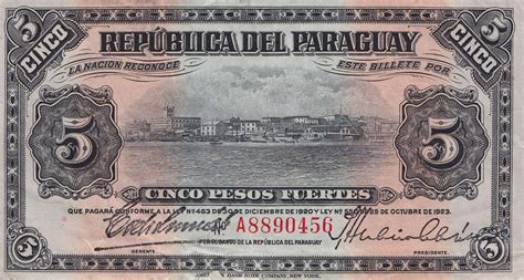 Visit the website of paraguay's national tourist office and national authority responsible. RealBanknotes.com > Paraguay p143a: 5 Pesos from 1920