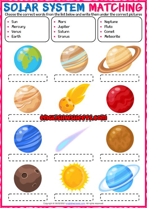 Solar System Esl Vocabulary Matching Exercise Worksheet