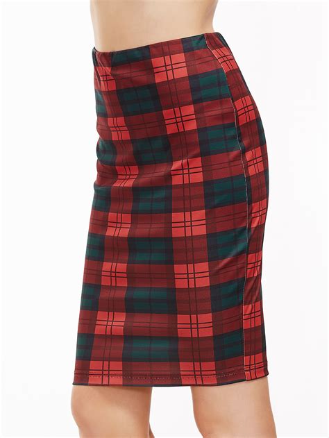 Red And Green Plaid Slit Back Pencil Skirt SheIn Sheinside