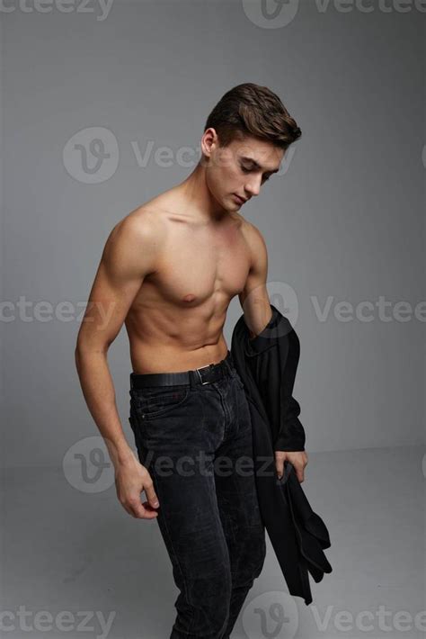 Handsome Man Nude Torso Black Pants Fashion Posing Portrait Attractive