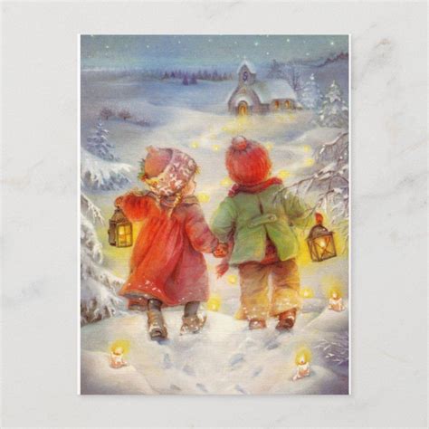 Vintage Christmas Children Walking In The Snow Old Fashioned Christmas