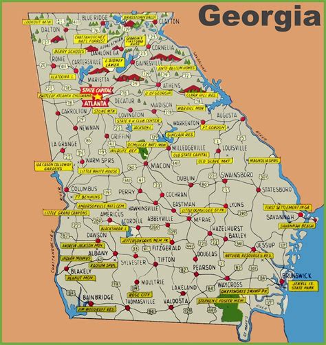 Georgia is the 21st largest state in the united states, covering a land area of 57,906 square miles (149,977 square kilometers). Illustrated tourist map of Georgia