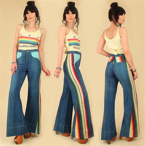 Rare Vintage 70s Rainbow Striped Bell Bottoms Jeans Serape Patchwork