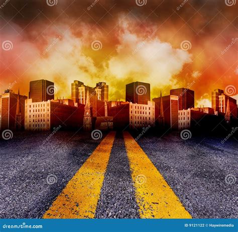 Road Going Into The City With Red Sunset Stock Photo Image Of Color