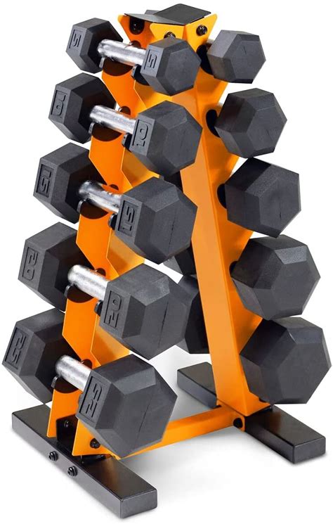 Wf Athletic Supply 5 25lb Rubber Coated Hex Dumbbell Set With A Frame