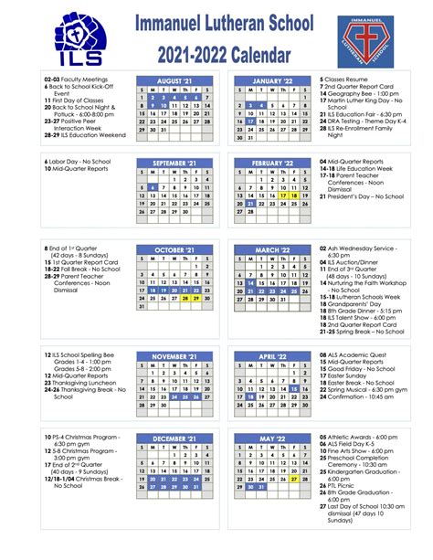 2021 2022 School Calendar Immanuel Lutheran School