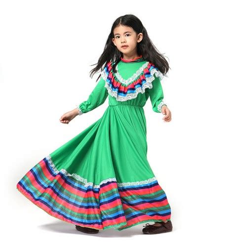 Girls Traditional Mexican Folk Dance Dress Big Swing Skirt For Kids