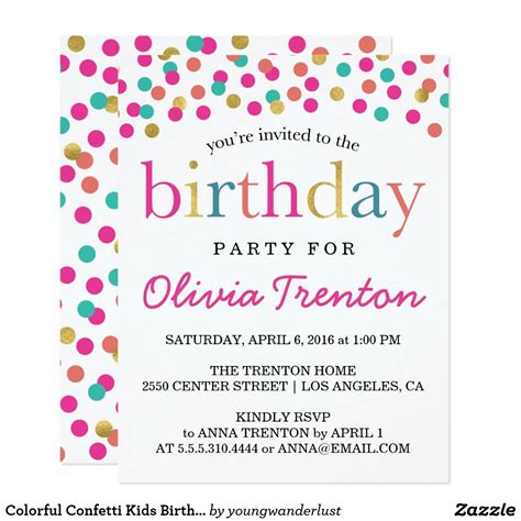 Colorful Confetti Kids Birthday Party Invitations