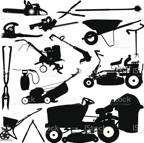 Lawn care clipart free download! Landscaping Tools Lawn Mower Pruners Wheelbarrow Stock ...