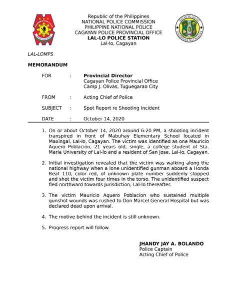 Police Spot Report Examples And Format Republic Of The Philippines