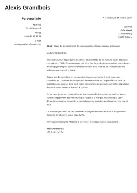 Cover Letter Example Exemple De Lettre De Motivation Pour Un Stage En