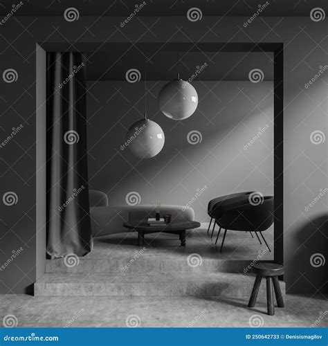 Grey Chill Room Interior With Couch And Chairs On Podium Stock