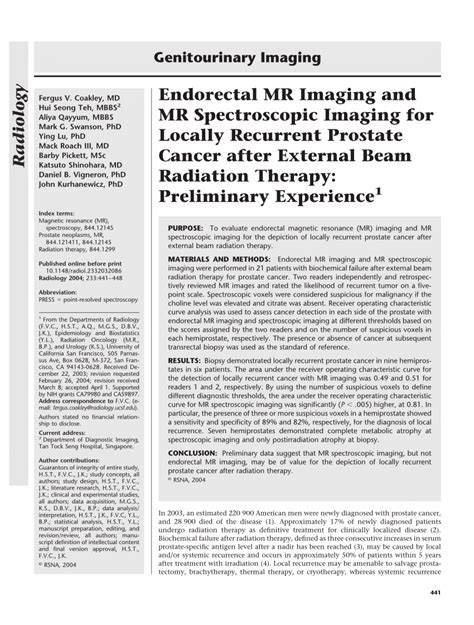 PDF Endorectal MR Imaging And MR Spectroscopic Imaging For Locally Recurrent Prostate Cancer