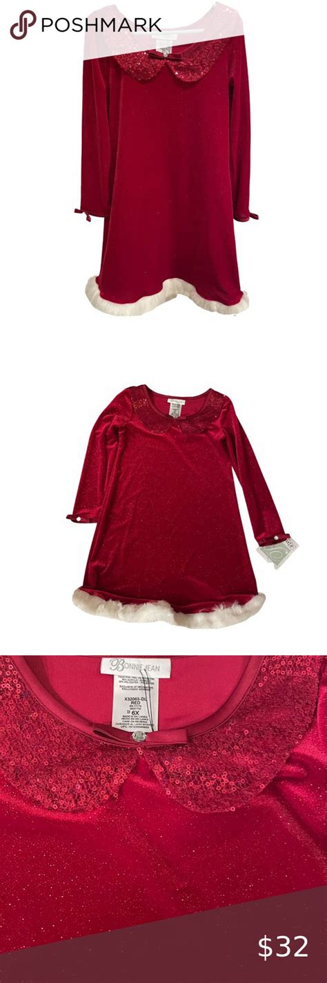 Bonnie Jean A Line Crushed Velvet Red Dress With White Faux Fur Trim