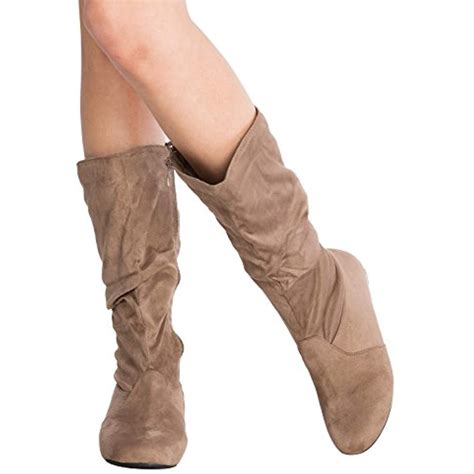 Womens Low Heel Mid Calf Slouchy Suede Slip On Casual Boots With Side