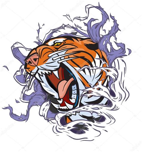 Roaring Tiger Head Ripping Out Background Vector Cartoon Clip Art