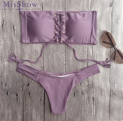 Misshow 2017 Bandage Bikinis Set Gold Buckle Brazilian Swimwear Sexy