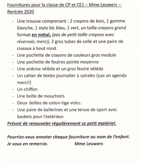Liste Fournitures CP et CE1 - Ecole Primaire Pierre Dewaele