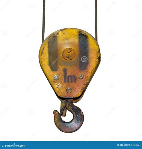 Heavy Yellow Rusted Crane Hook Of An Old Factory Isolated Stock Image