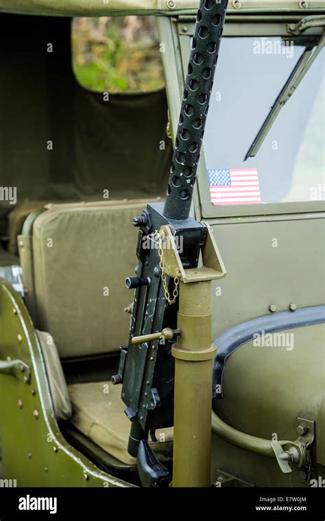 Machine Gun Mounted Onto Ww2 Army Jeep On Display At Car Show In