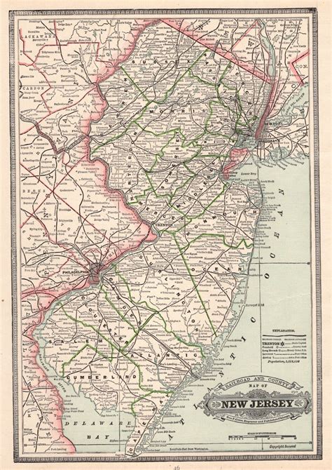 1885 Antique New Jersey State Map George Cram Atlas Map Of New Jersey
