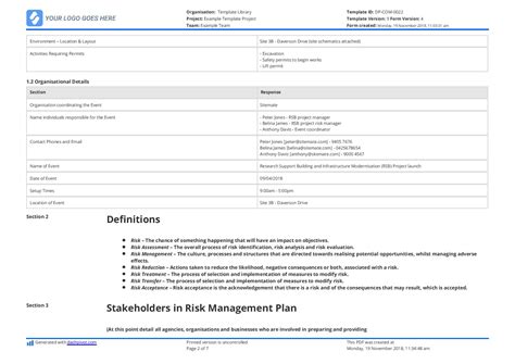 Construction Risk Management Plan Example Free To Use And Editable