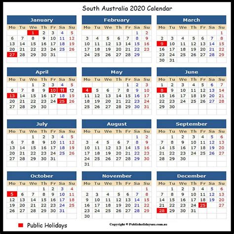 S A Public Holidays 2020 Calendar Template Printable