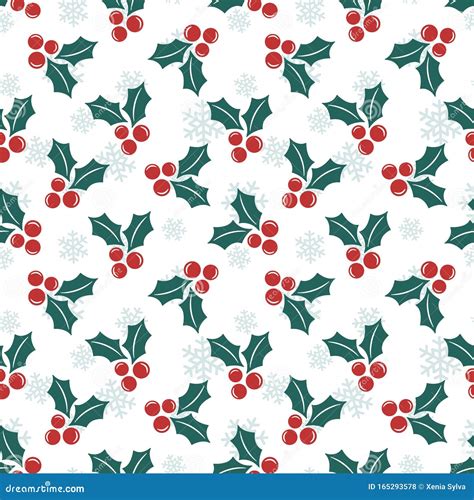 Vector Seamless Pattern With Christmas Holly Berries Background With