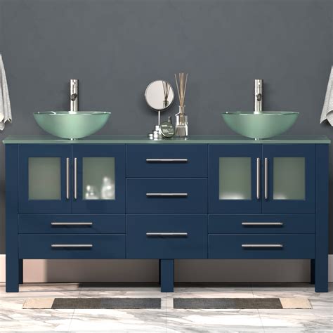 72 Inch Blue Wood And Glass Vessel Sink Double Vanity Set 8119bxls