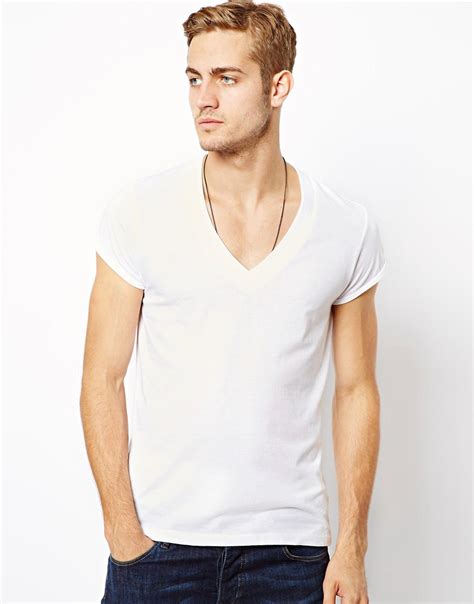 Asos Asos T Shirt With Deep V Neck And Roll Sleeve At Asos