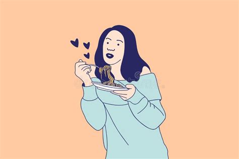 Illustrations Of Beautiful Young Woman Eating Italian Spaghetti Tasty