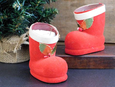Vintage Flocked Santa Boots Christmas Decoration Ornaments Etsy Christmas Decorations
