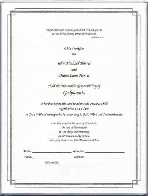 Keepsake Godparent 85 X 11 Inch Certificate Silver Border Printed